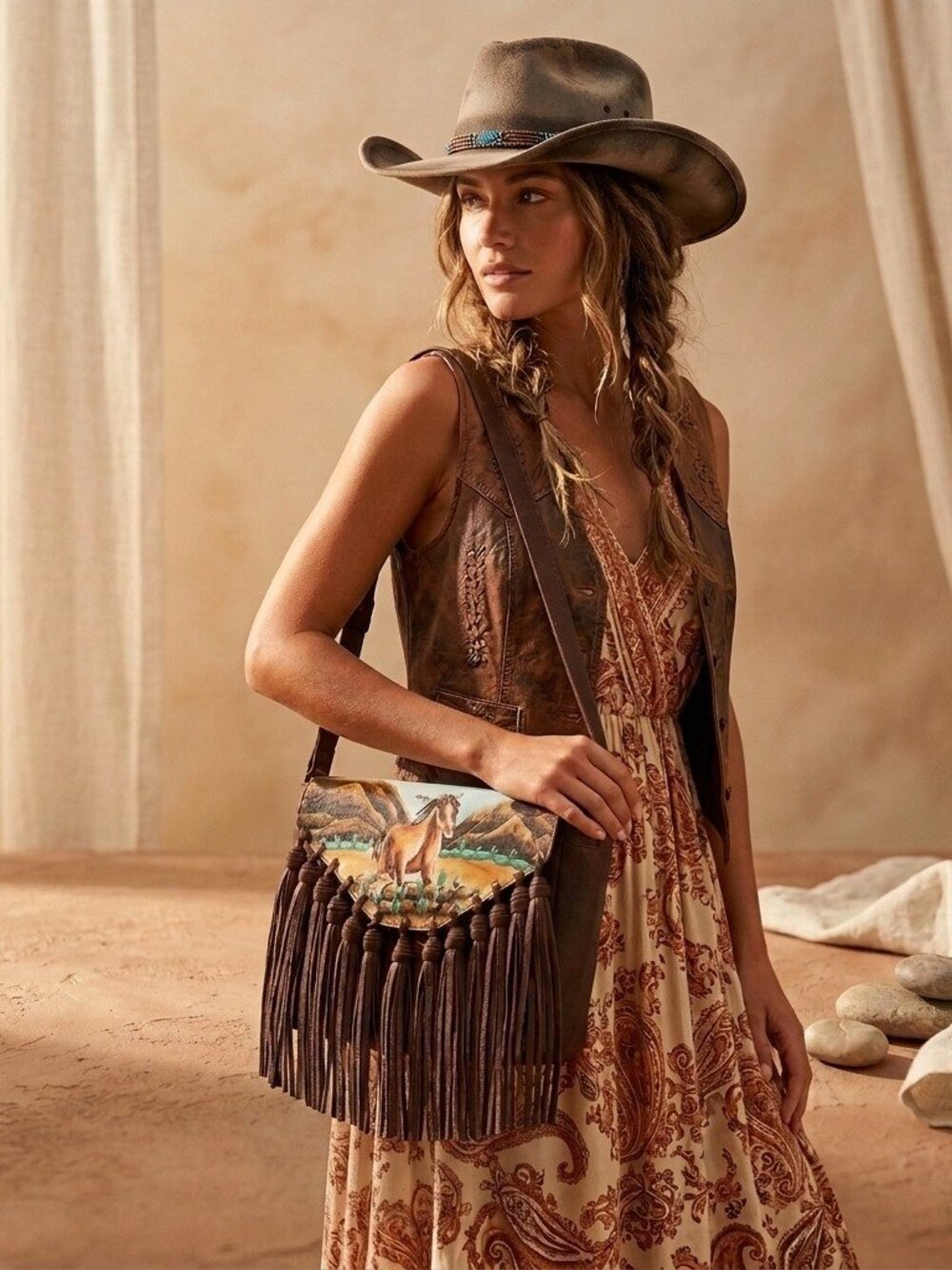 American Darling Hand Painted Desert Rodeo Fringe Crossbody Bag